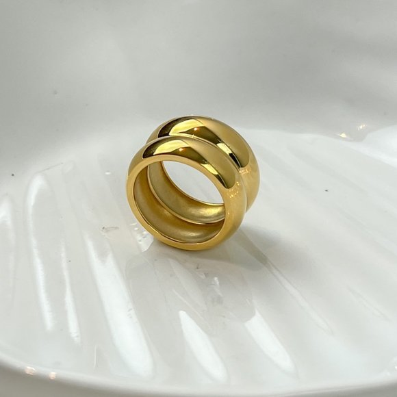 Stainless Steel Double Dome Ring Gold Plated Chunky Gold Ring Wide Thick Ring - Picture 6 of 7